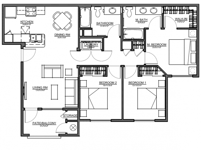 Floor plan for 3 beds, 2 baths, 1123 sqft